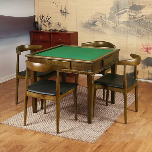 Bingo solid wood folding leg mahjong table + four chairs + coffee table set – ready stock (can be matched with dining table panel)