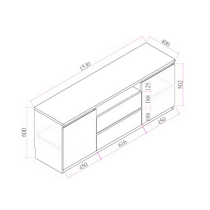 Ivory 1.53m Gloss White TV Cabinet with Soft-Close Doors dimension