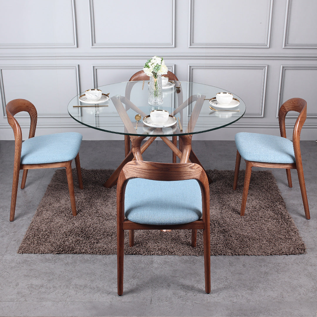 Dawn solid wood glass round dining table with Hiro I solid wood dining chairs (1 table 4 chairs set)