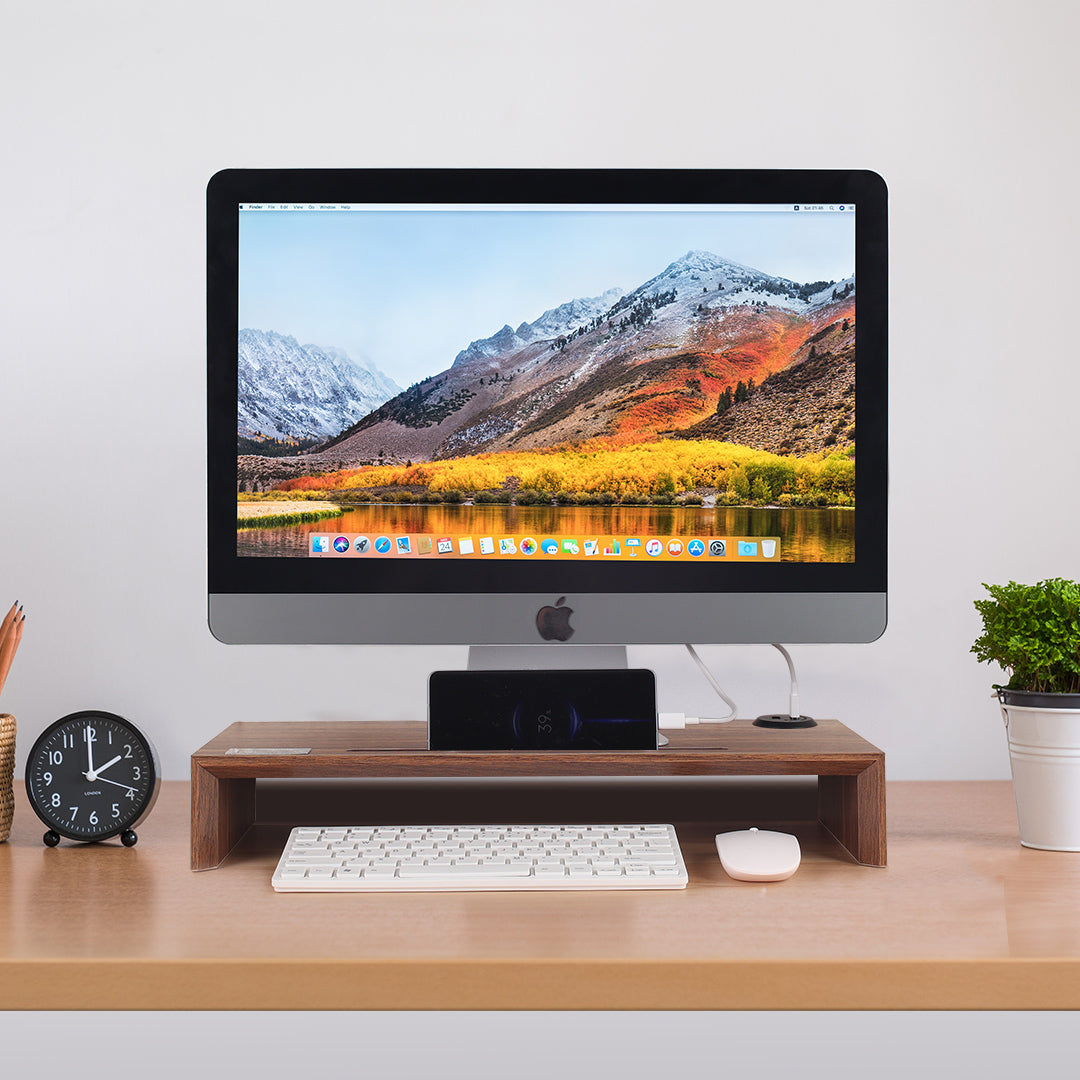 High Rise For Desktop Computer M-riser Solid Wood Screen Elevated Computer Stand | Wireless/USB Charg ...